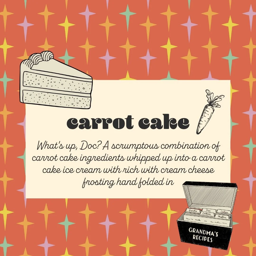 Grab a scoop, shake or pint of our fan favorite carrot cake. We create a scratch made carrot cake ice cream and hand fold in cream cheese frosting; it is naturally gluten free 🥕🍰❤️