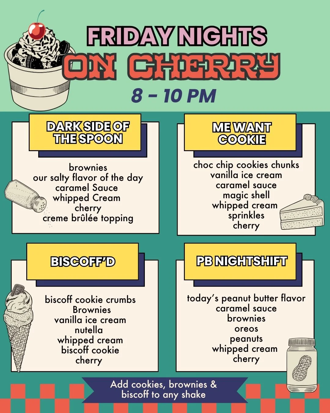 FriYAY. We made it to the weekend 🍦

Kick things off with us tonight from 8&ndash;10 PM as we drop our specialty late night menu. We even whipped up a fresh pan of chocolate chip cookies to top off our sundae celebration because, honestly, the weeke