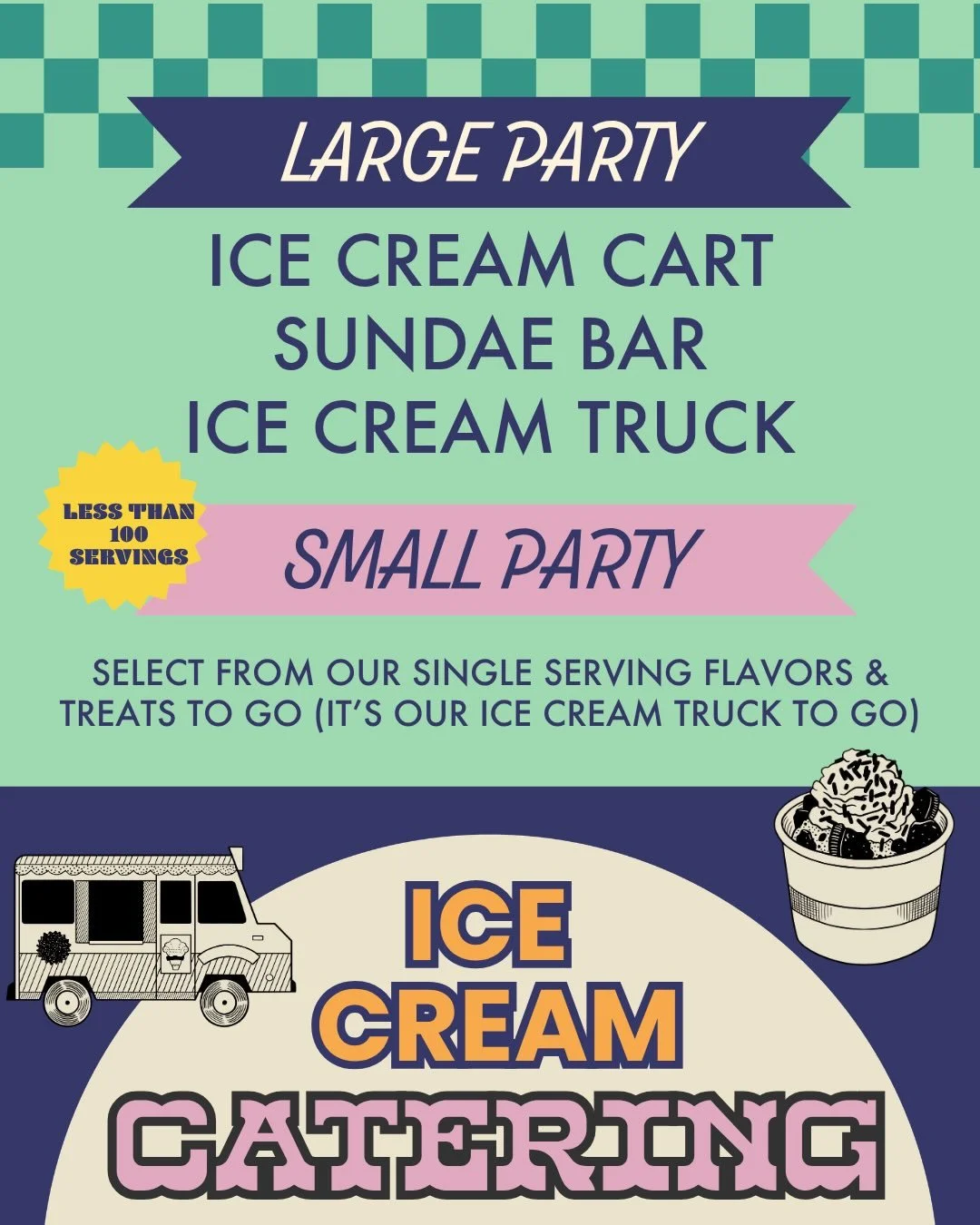 We cater. We deliver. We make it delicious. 🍦🚚

Here&rsquo;s the scoop on what we offer: 🛒 Ice Cream Cart 🍨 Sundae Bar 🚚 Ice Cream Truck 🎉 Party Packs To-Go (under 100 servings &amp; we deliver!)

Perfect for events, appreciation days &amp; eve