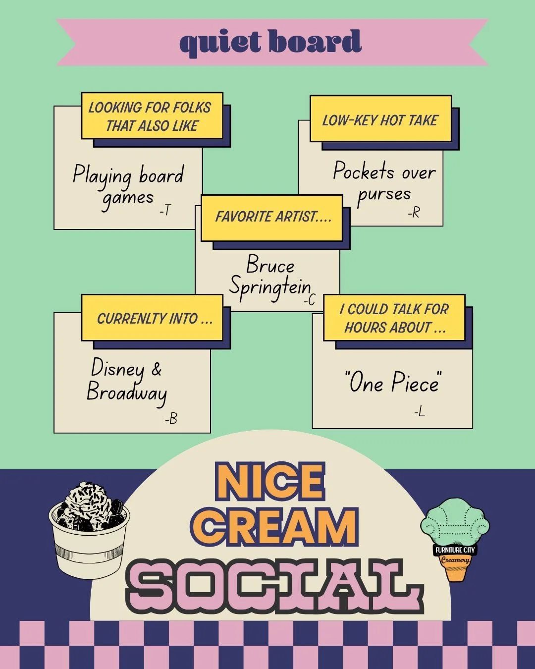 Join us for our first Nice Cream Social on Wednesday, 5/20 from 6&ndash;8 PM.

We&rsquo;ll have:
✨ our &ldquo;quiet board&rdquo; to help spark conversation
✨ conversion tags to find your peeps
✨ chalk + Jenga + pick your vibe sprinkles
✨ a cozy, low-