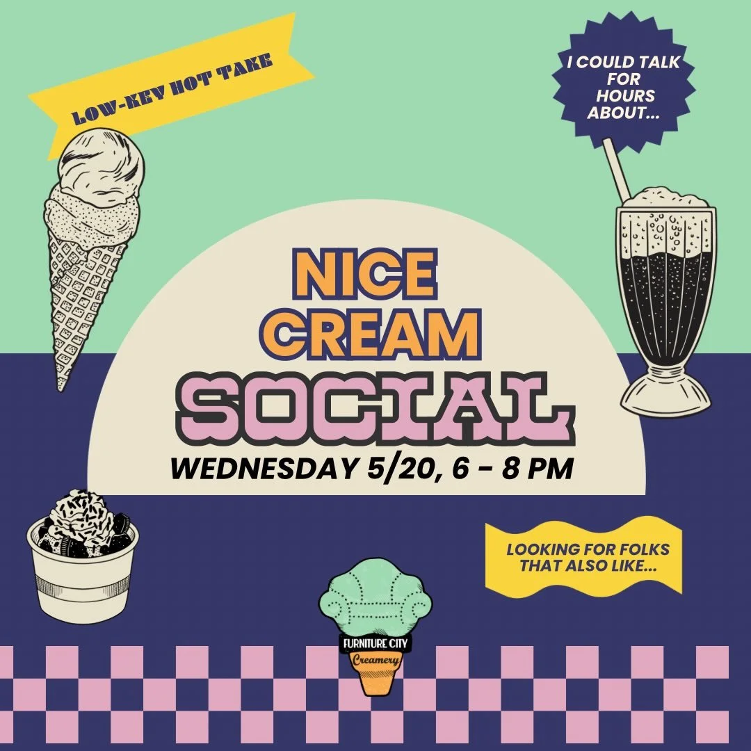 Join us for our first Nice Cream Social on Wednesday, 5/20 from 6&ndash;8 PM.

We&rsquo;ll have:
✨ our &ldquo;quiet board&rdquo; to help spark conversation
✨ conversion tags to find your peeps
✨ chalk + Jenga + pick your vibe sprinkles
✨ a cozy, low-