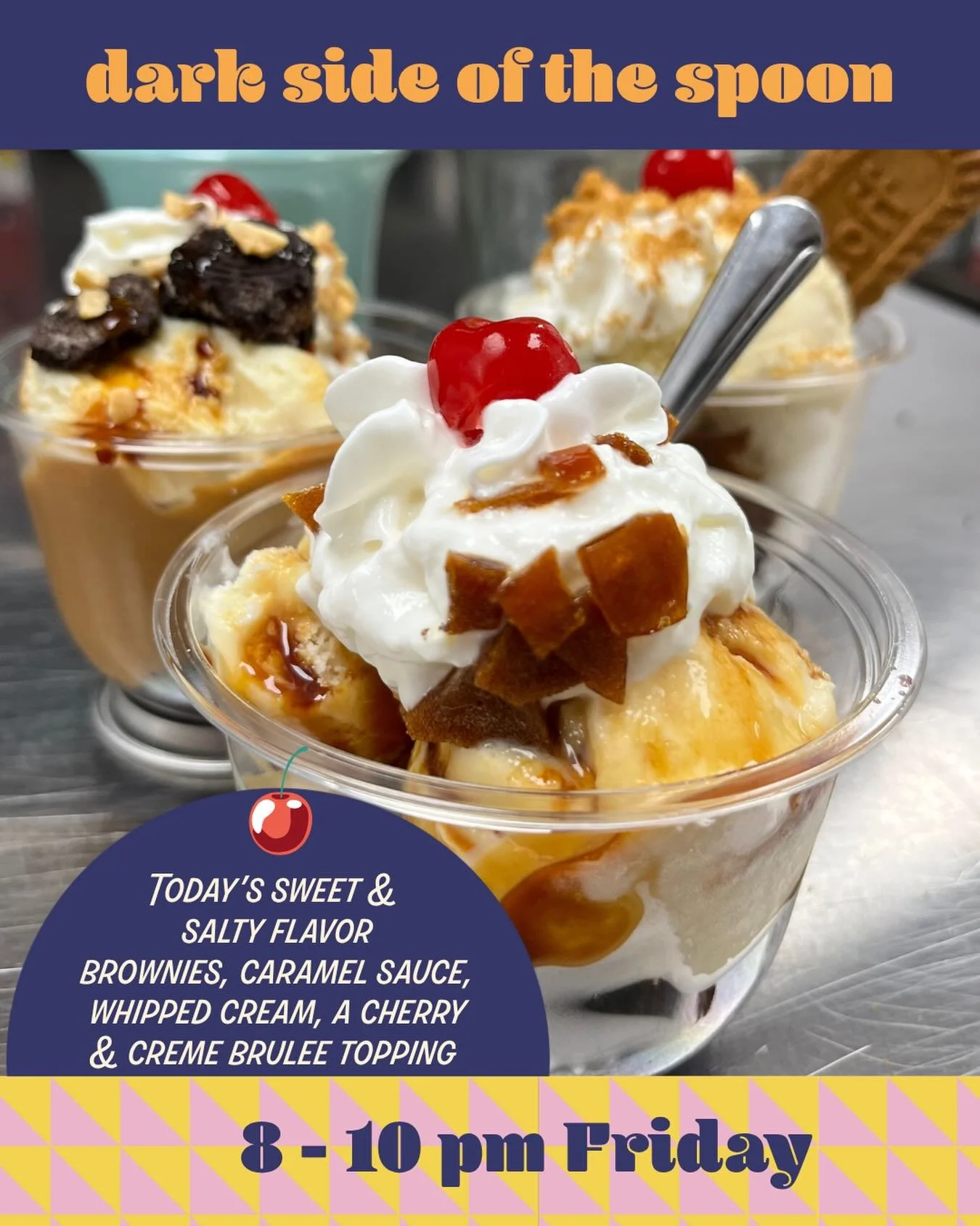 The Dark Side of the Spoon 🌑🍨

The Dark Side of the Spoon returns tonight for Friday Late Night 🍨✨ 8-10 pm only

This fan favorite starts with our Salty &amp; Sweet flavor of the day scooped over rich brownies, then gets drenched in caramel, toppe