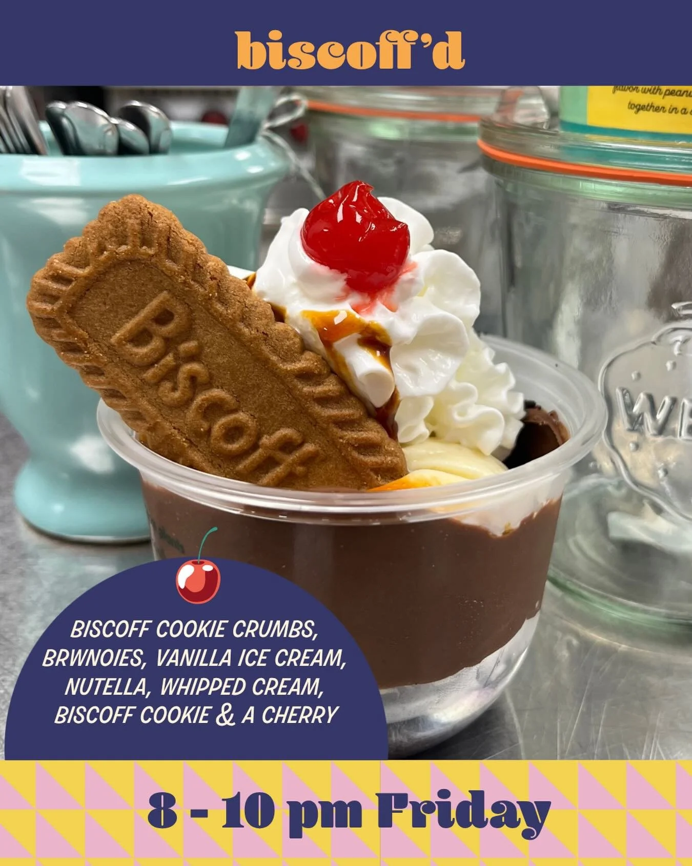 Biscoff&rsquo;d returns tonight during our Friday Late Night menu (8 -10 pm)

This is another fan favorite.  It starts with a scoop of vanilla on top of housemade brownies, sprinkled with biscoff crumbs, topped with rich caramel, whipped cream, a che