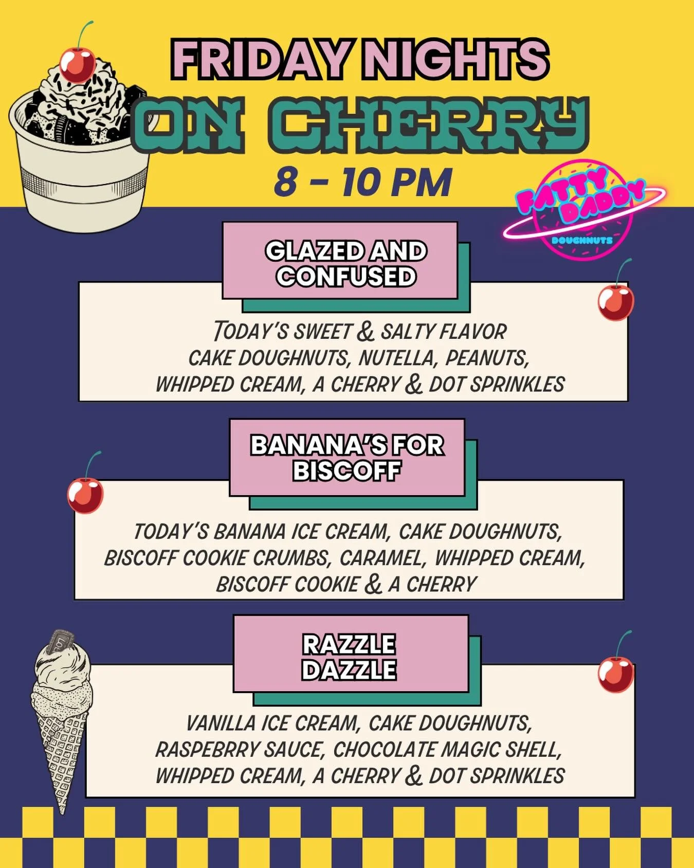 This Friday we are celebrating First Fridays in @uptowngr with @fattydaddydoughnuts for National Doughnut day.  @fattydaddydoughnuts will be at the shop with their birthday menu and we will be scooping up our specialty, doughnut heavy, menu from 8 - 