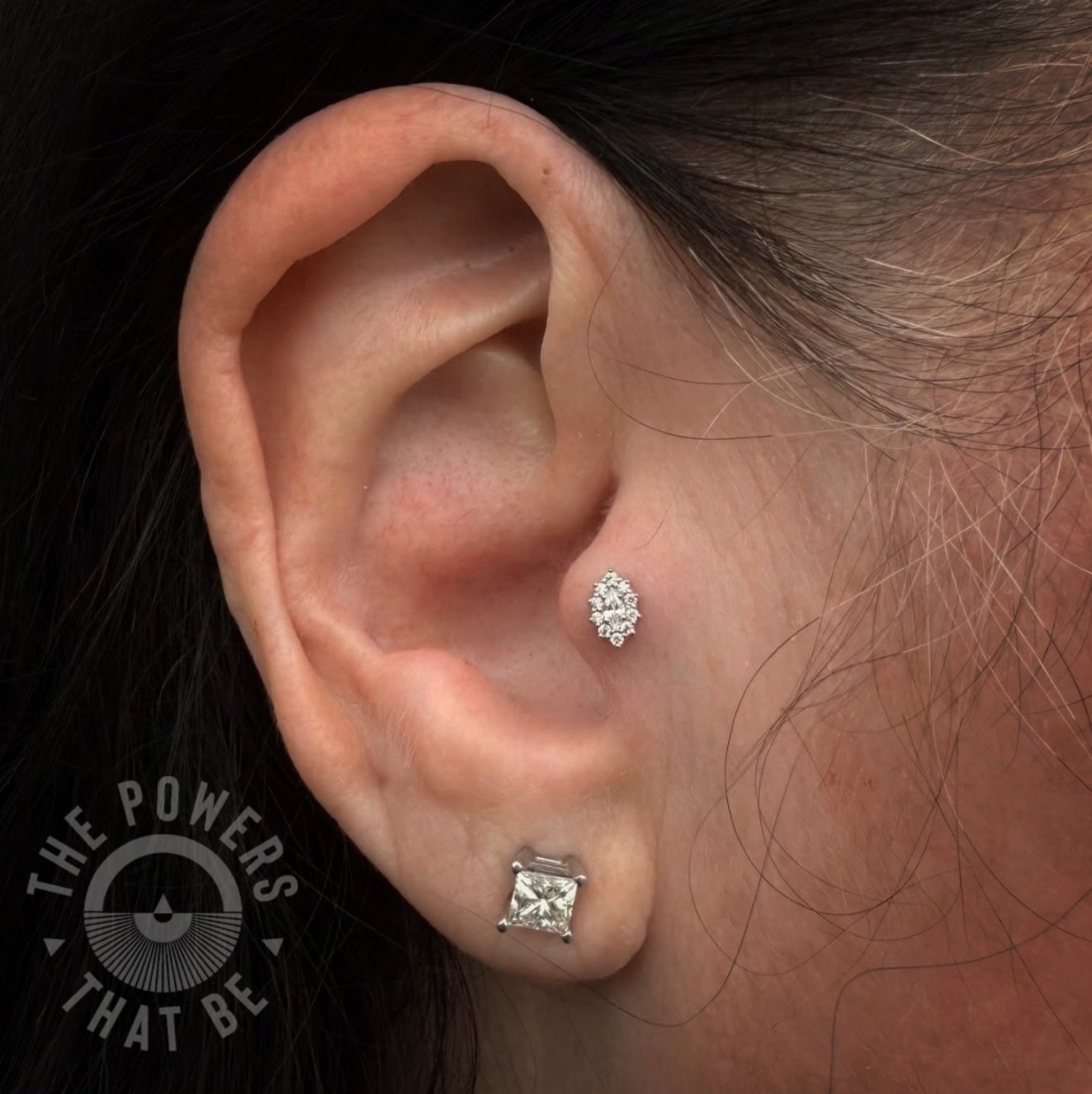 Tragus piercing with one of our favorites by one of our favorites✨

Piercing done by @rlebron19 who is in the studio today and tomorrow, so make sure to get on her schedule before she books up👏🏽

Jewelry is the Marquise Halo from @emberbodyjewelry 
