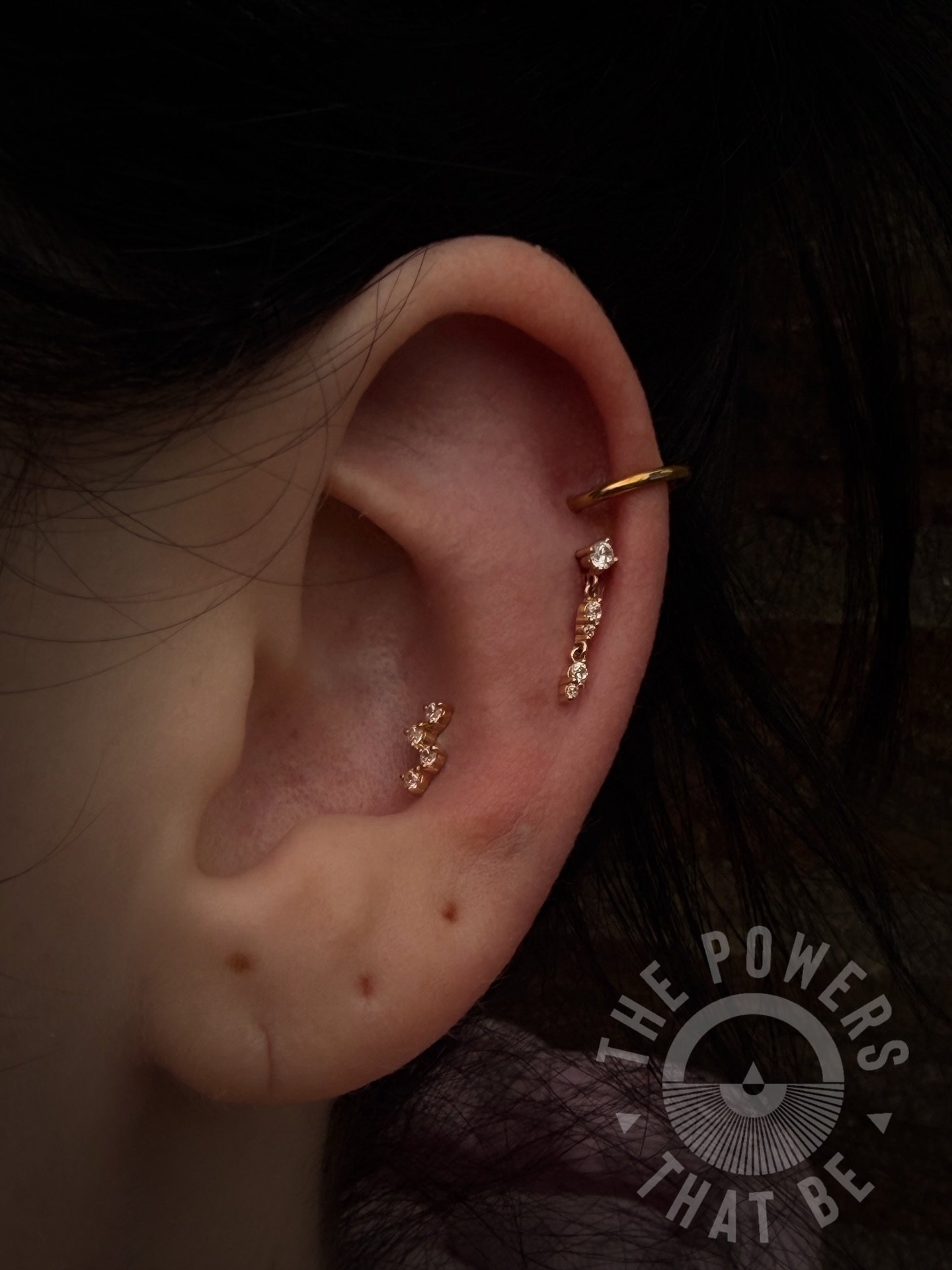 Two piercings with some of our favorite pieces ✨

A helix piercing with the Double Noon, adding movement and maximum sparkle🤩
Then we have a conch piercing with the Intention, a small piece with a high impact💥

Both from @emberbodyjewelry 🫶🏽
Pier