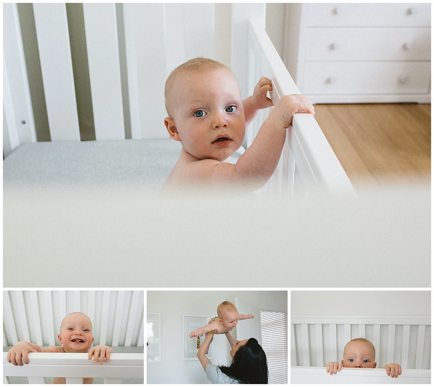 mum and smiling baby in a cot 