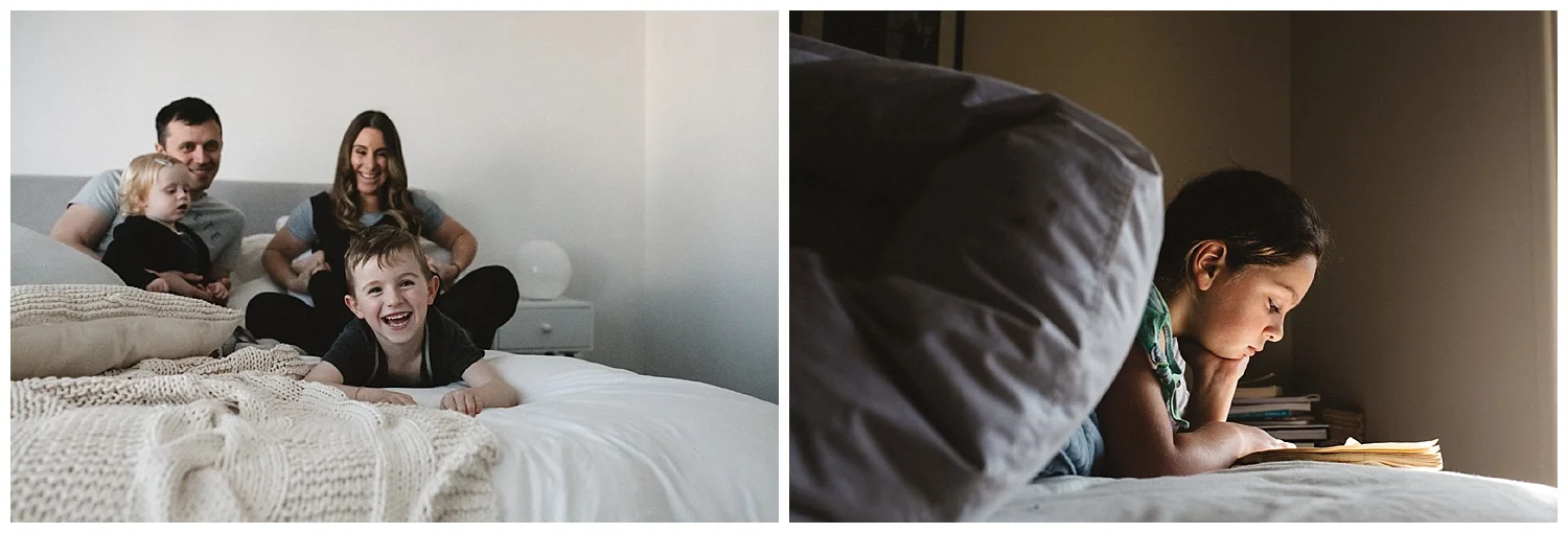 mornington family photographer, family in bed having fun 