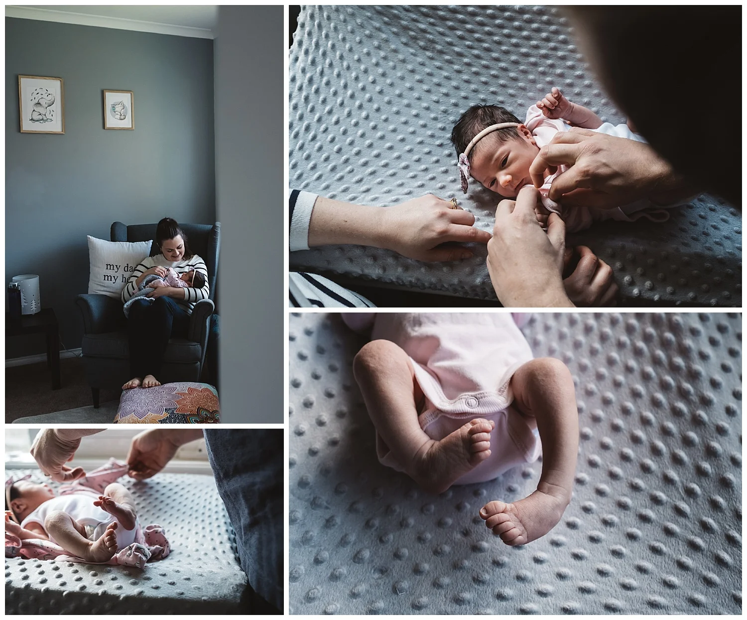 Parents dressing up newborn baby in Mornington