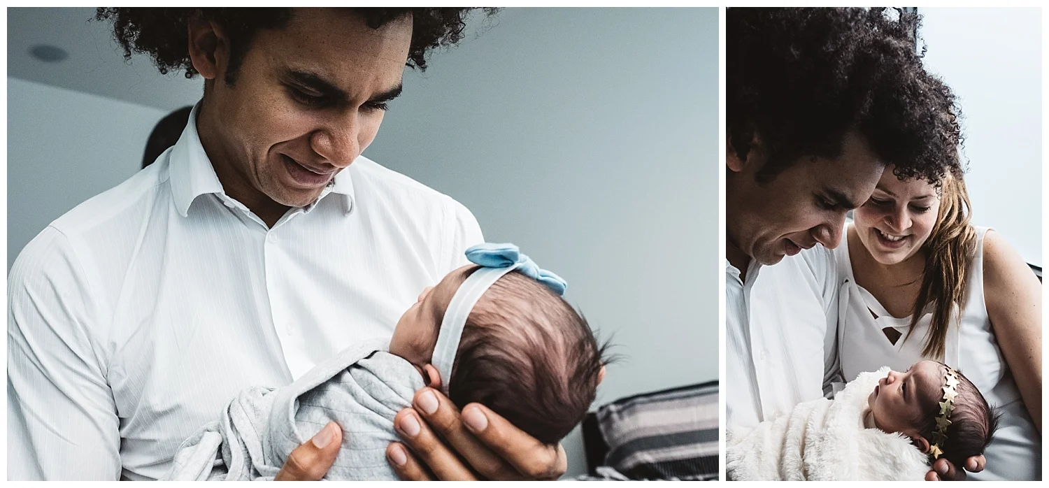 New parents looking at their newborn baby, lifestyle family photography