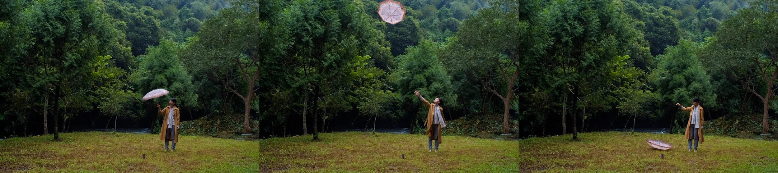 As a Lianhuanhua (a series of pictures): I-Ting throws an umbrella in forest, Xindian, Taipei, Taiwan