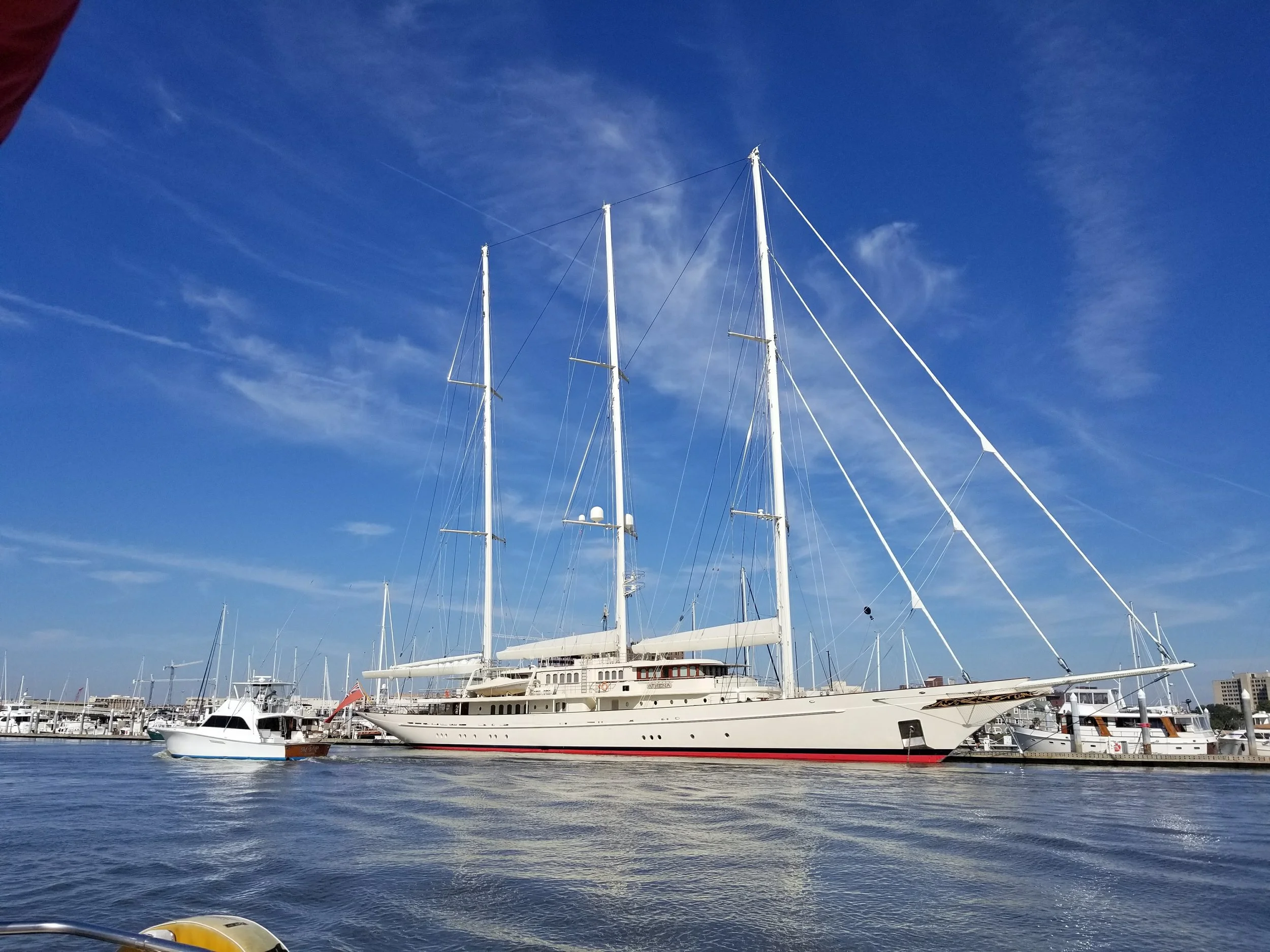 The mega sailing yacht "Athena" at the Charleston City Marina. 