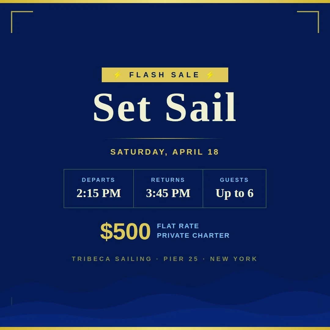 Last-minute sail (sale?) this Saturday! We've opened up one private charter slot!! Up to 6 guests, departing from Pier 25. $500 flat rate. DM us or call 201-938-9359 to book before it's gone!!