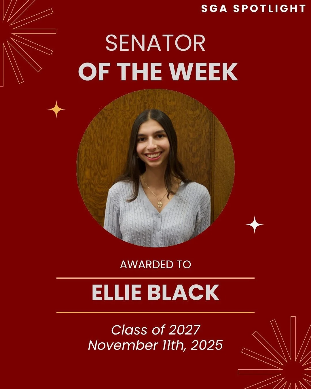 SGA Spotlight Alert ‼️ Our second Senator of the Week is Ellie Black!

Ellie is a Class of 2027 SGA Senator. Slide right to hear more about her favorite SGA moment this year. Congratulations Ellie! Thank you for your continued hard work and commitmen