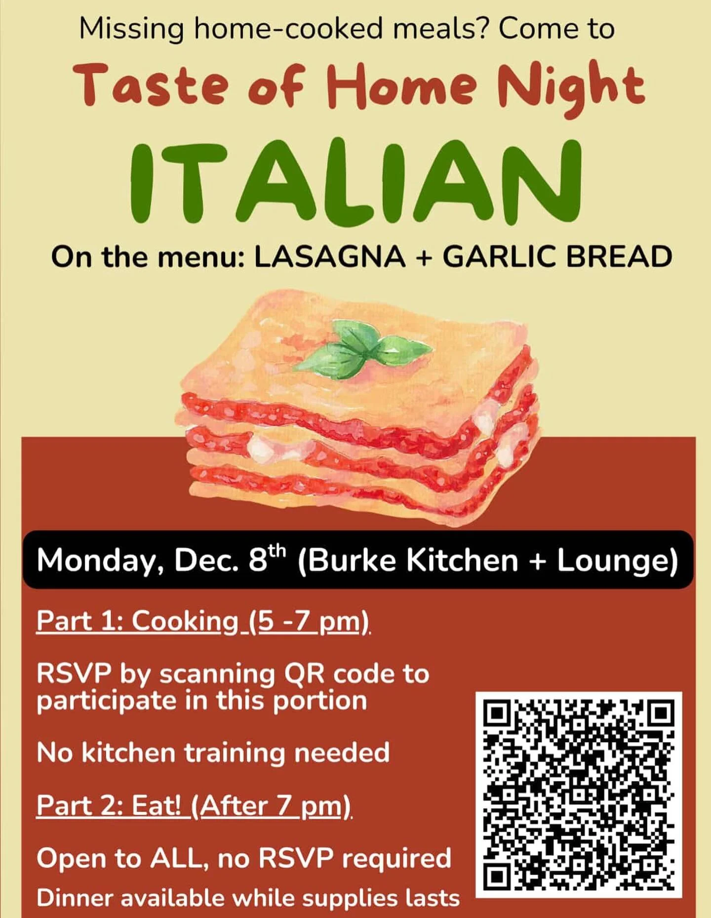 Come to Taste of Home Italian Night on December 8th for homemade lasagna and garlic bread! 🍝🥖😋

#studentgovernment #studentgovernmentassociation #colgate #colgateuniversity #SGA #colgatesga