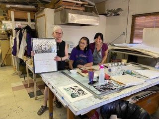 Jean LaMarr accepts her Honorarium from CSP at The Native American Workshop, Susanville, CA. with Jami Taback, Kelly Autumn.jpg