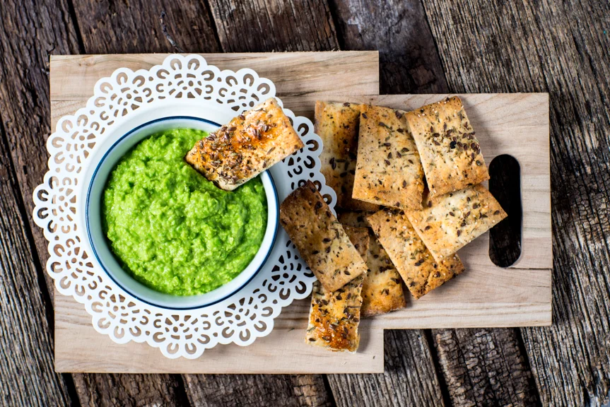 Artisan Herb Crackers with Green Pea Hummus.