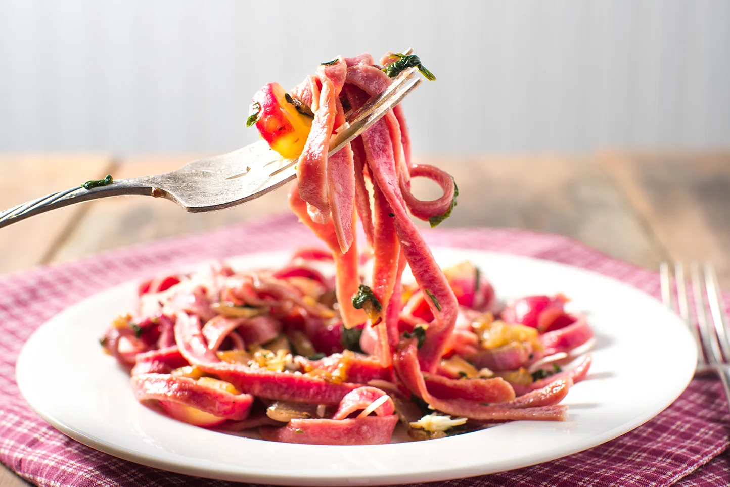 Homemade Pasta with Sauteed Radish and Onion