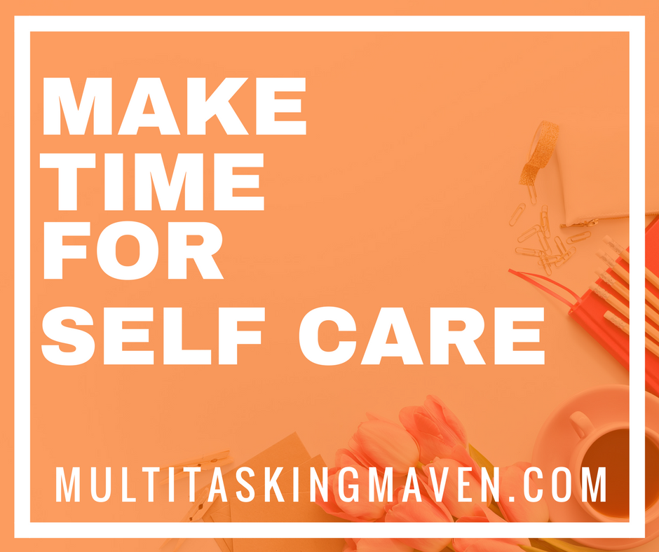 So, what is self-care? I'm sure everybody knows that whole phrase of, "In an emergency situation, administer oxygen to yourself before your child or the elderly." That totally goes against every mama instinct that there is because if my baby is in trouble, they're going to get something before I get something. I'm always going to come last. That's the problem right there. We always put ourselves last. Over 40 self care ideas for moms: http://multitaskingmaven.com/blog/self-care-ideas-for-moms