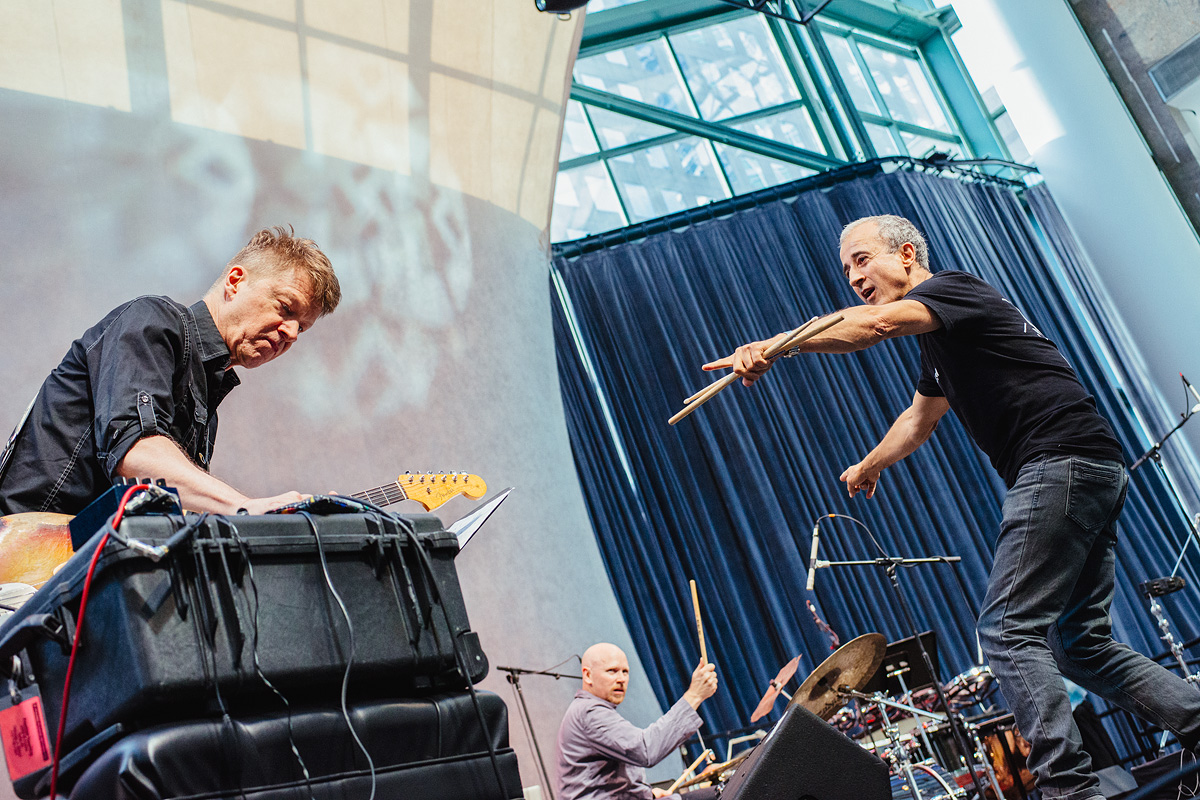 L to R: Nels Cline, Jason Treuting, Bobby Previte at the Winter Garden, New York City, 2016. photo: Glen DiCrocco