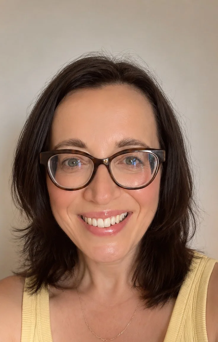 A white woman with dark brown hair in a long bob, brown glasses and a broad smile