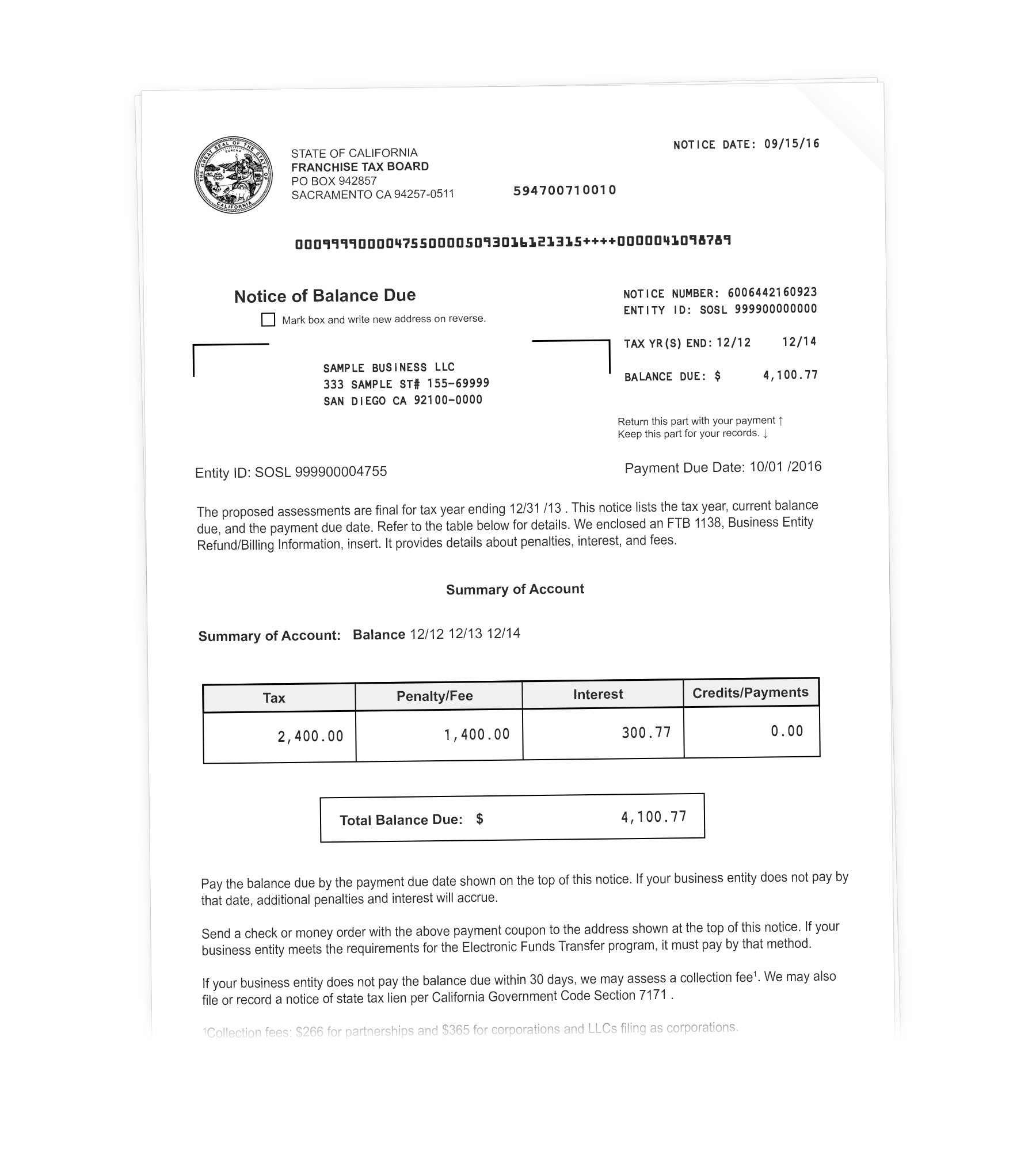 Sample Notice of Proposed Assessment from the FTB