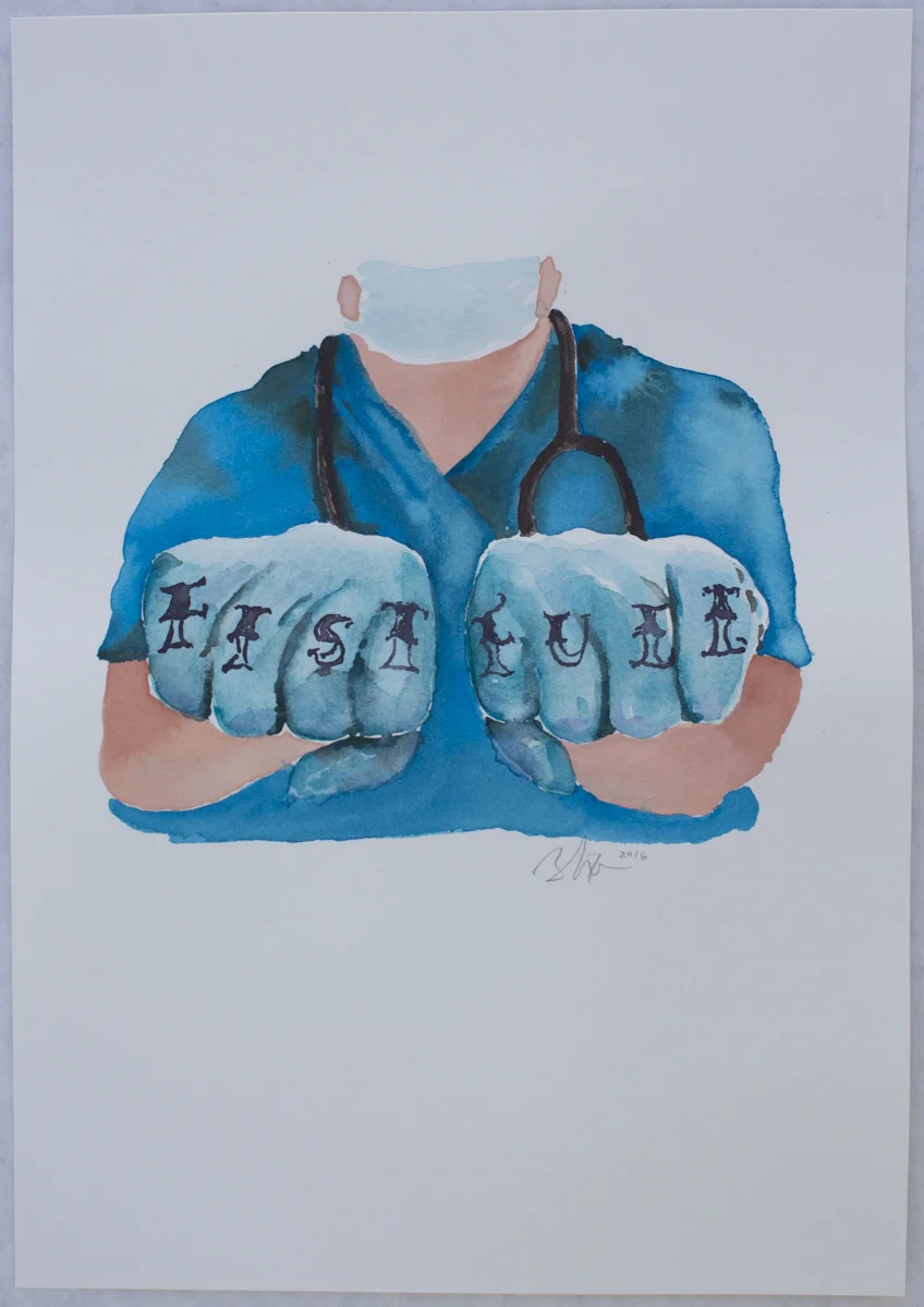 Untitled (Fist Full) , gouache on paper, 13.5 x 9.5 in., 2016.