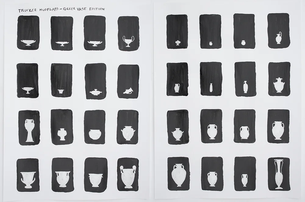 Trucker Mudflaps: Greek Vase Edition , ink and silver acrylic on paper (diptych), each image 18 x 24 in., 2016.