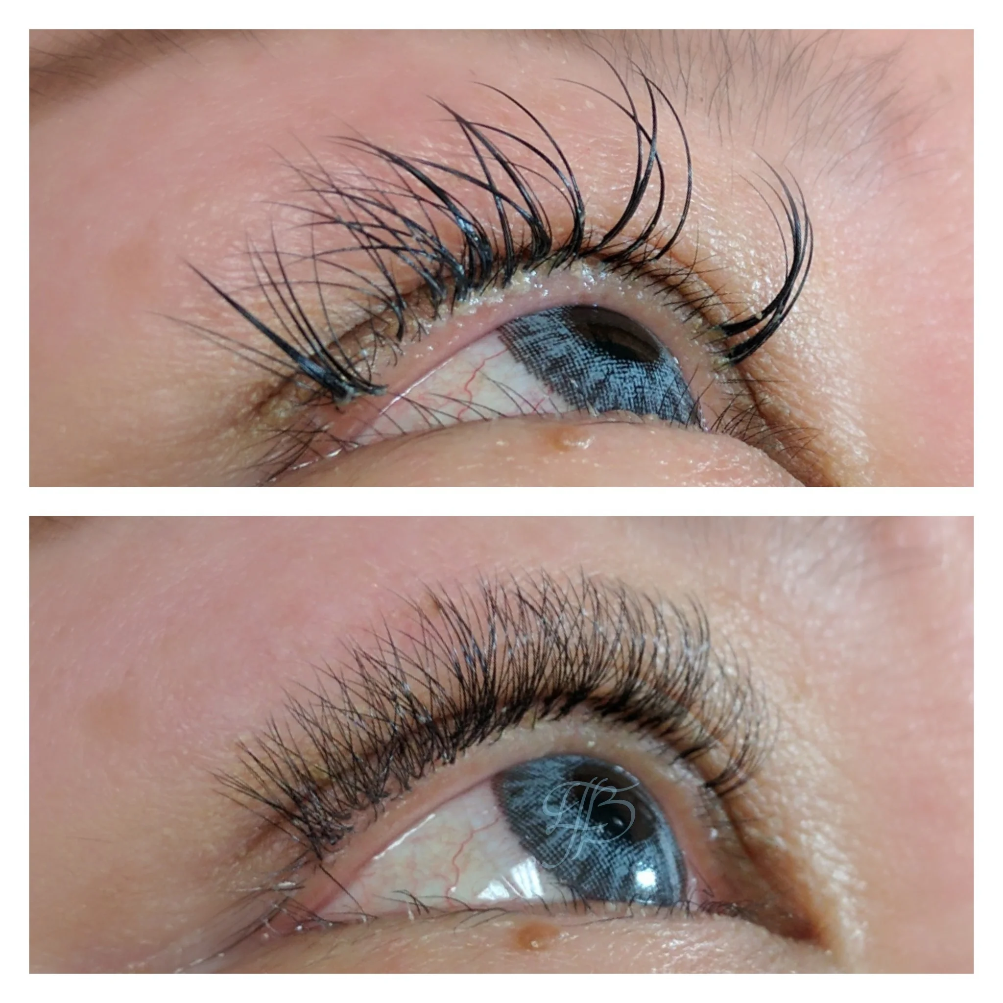 before: very heavy, long volume lash extensions by another artist, extreme oil buildup & closed fans from lack of cleansing after: Extension removal, deep lash line & lid cleansing, very light volume full set appropriate for guest's natural lash length & strength by The Studio