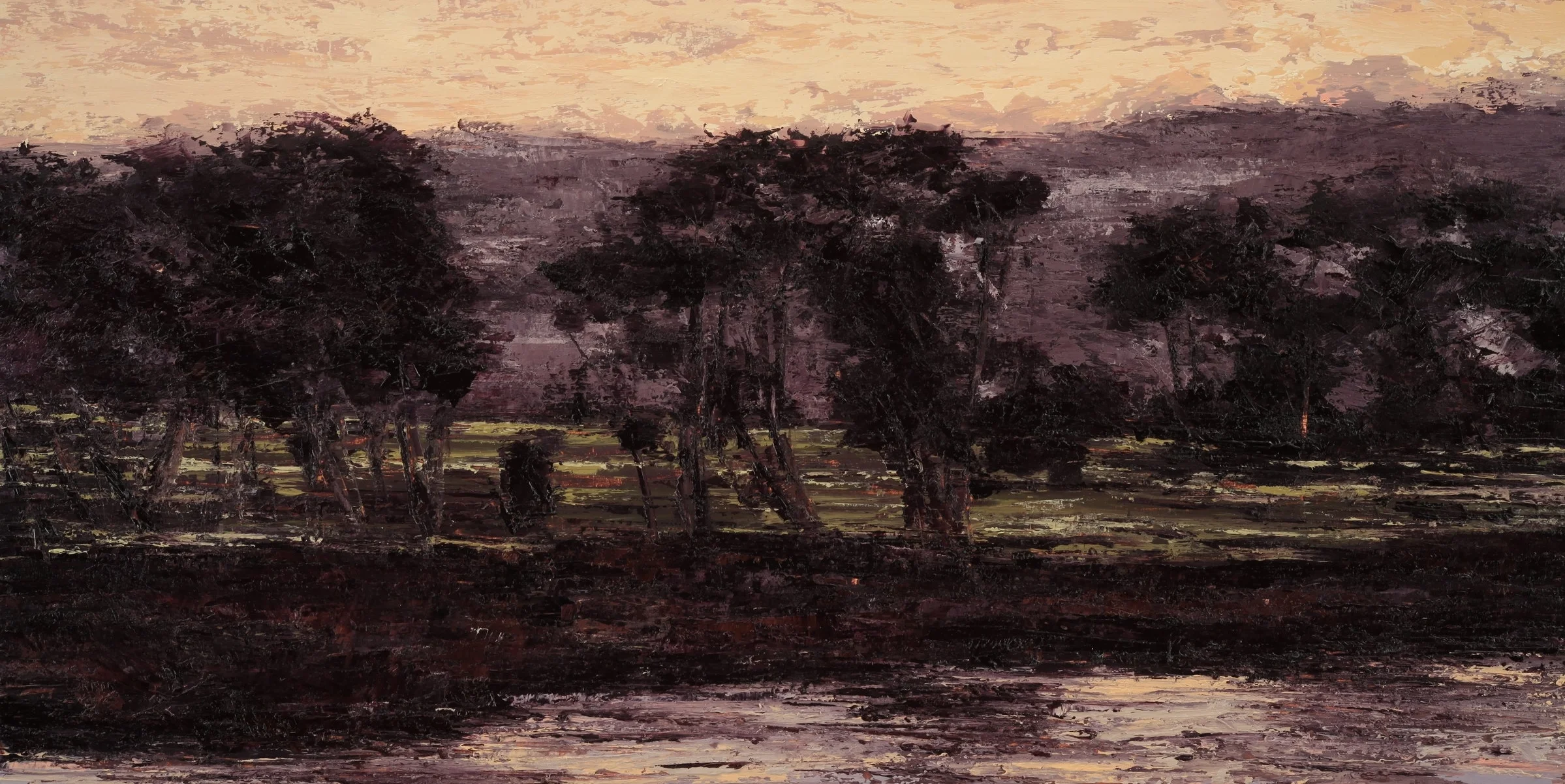   Lake Merced at Dusk , Oil on panel, 12"x24", 2017 