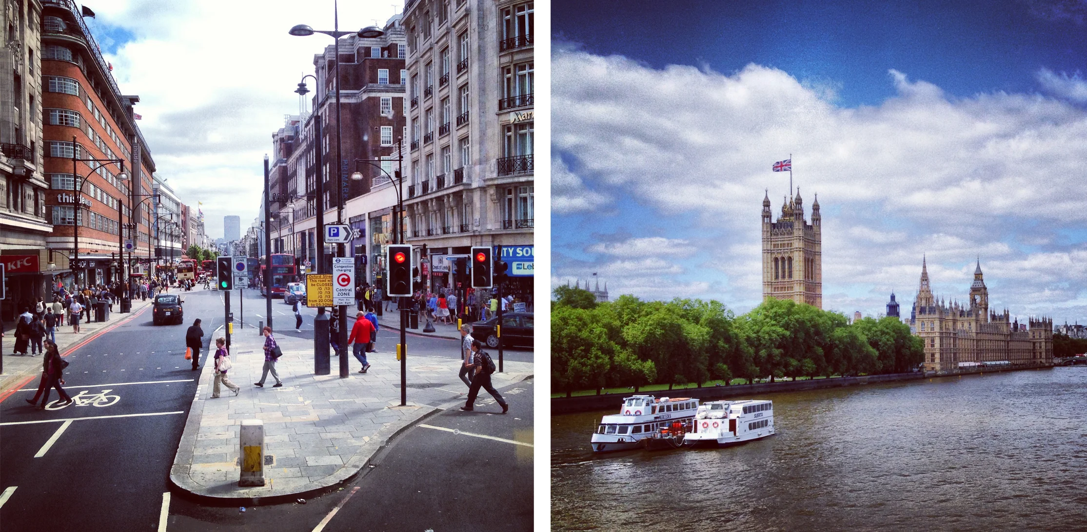 City bustle from atop a double decker bus and the River Thames on the one nice day.
