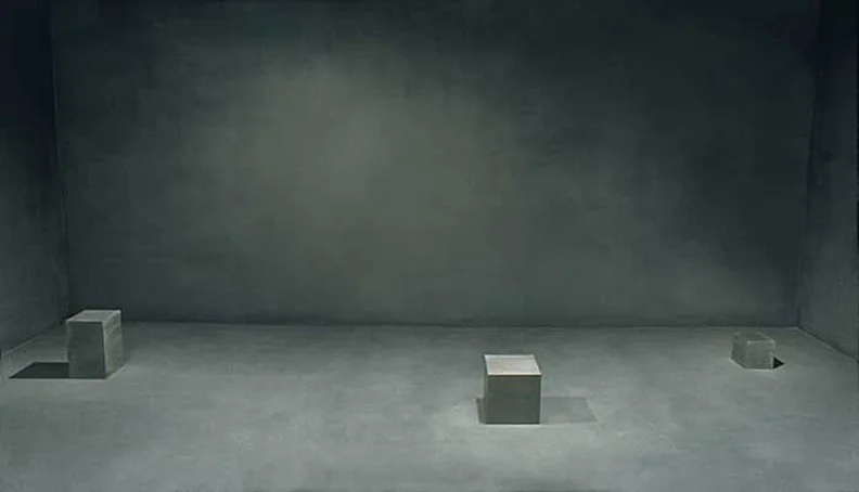 Center of Gravity (installation view, School of the Art Institute of Chicago, 2004) Graphite room with sound installation by Steve Peters Dimensions variable, Solid graphite, Porcelain, Steel