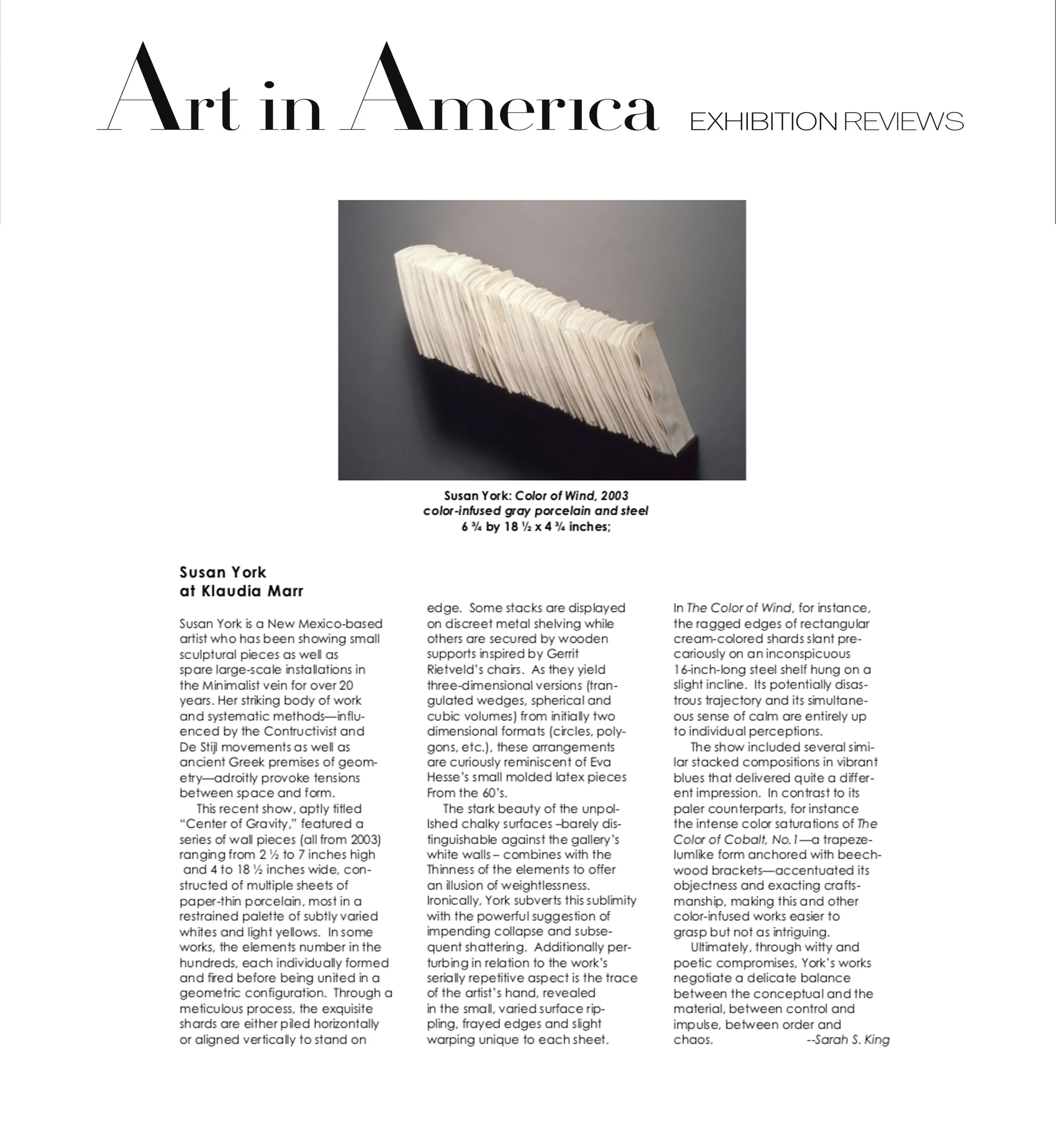 Art in America Susan York, Klaudia Marr Gallery By Sarah King February, 2004
