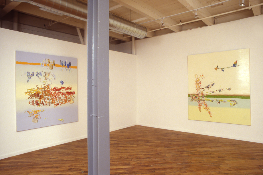Untitled (Launch Pad) , 2002, acrylic & oil on canvas, 72 x 64 inches (Left) Untitled (Swimming with Sharks) , 2002, acrylic & oil on canvas, 84 x 70 inches (Right) Installation View, Post , Gallery Katz , Boston, MA 2002