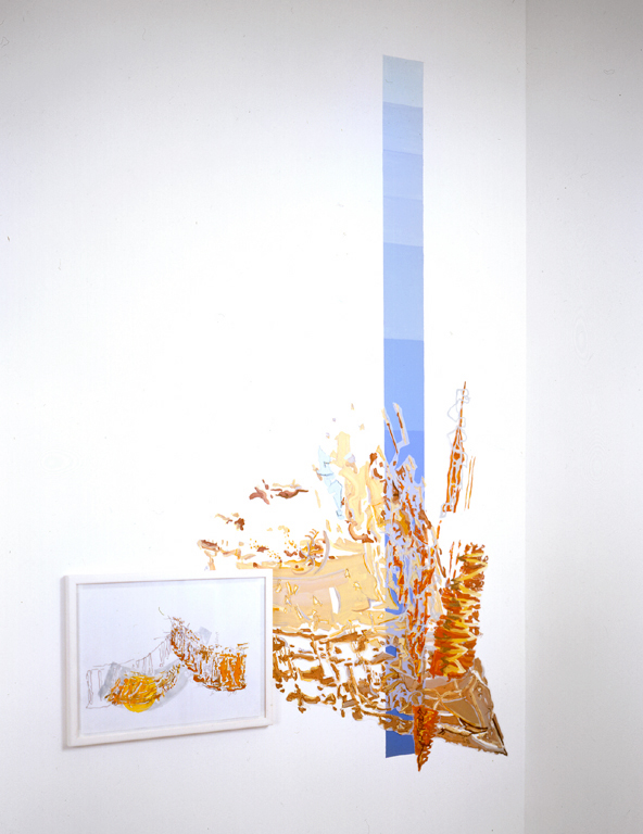 Untitled (Building A Bridge) , 2003, watercolor on paper (framed) + oil on mylar, 64 x 42 inches