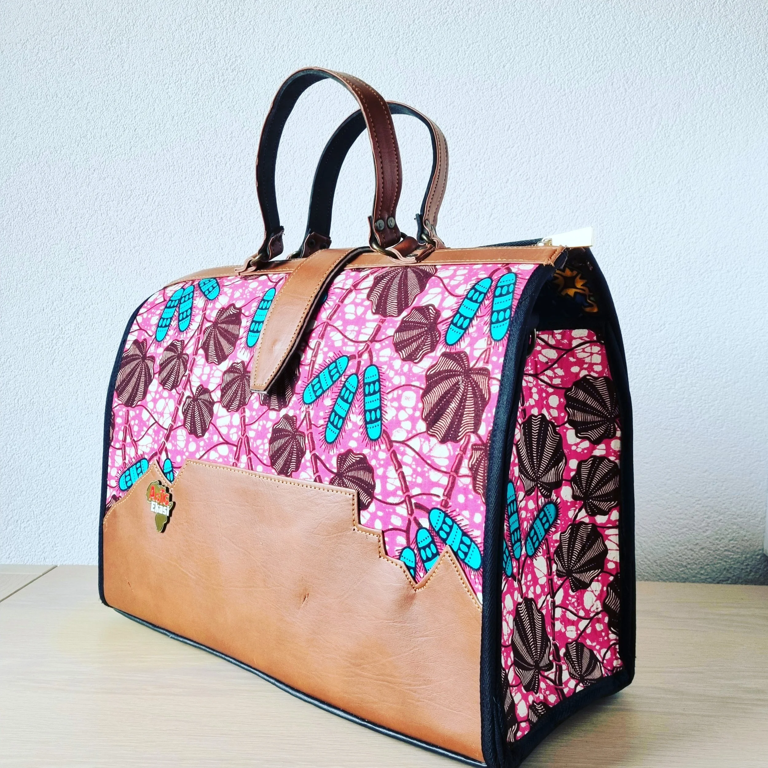 Large Pink African Print with Brown Trimming