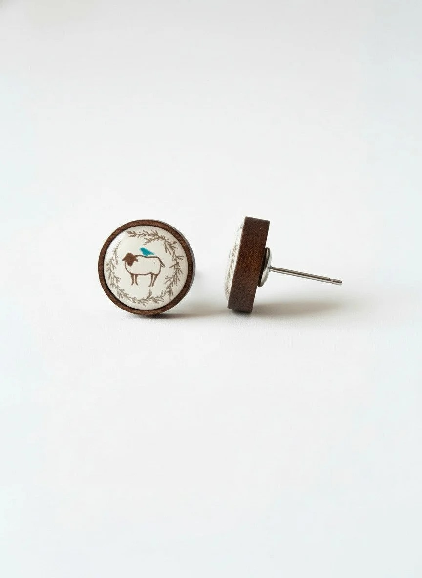 Blue  Bird on Sheep Large Stud Earrings