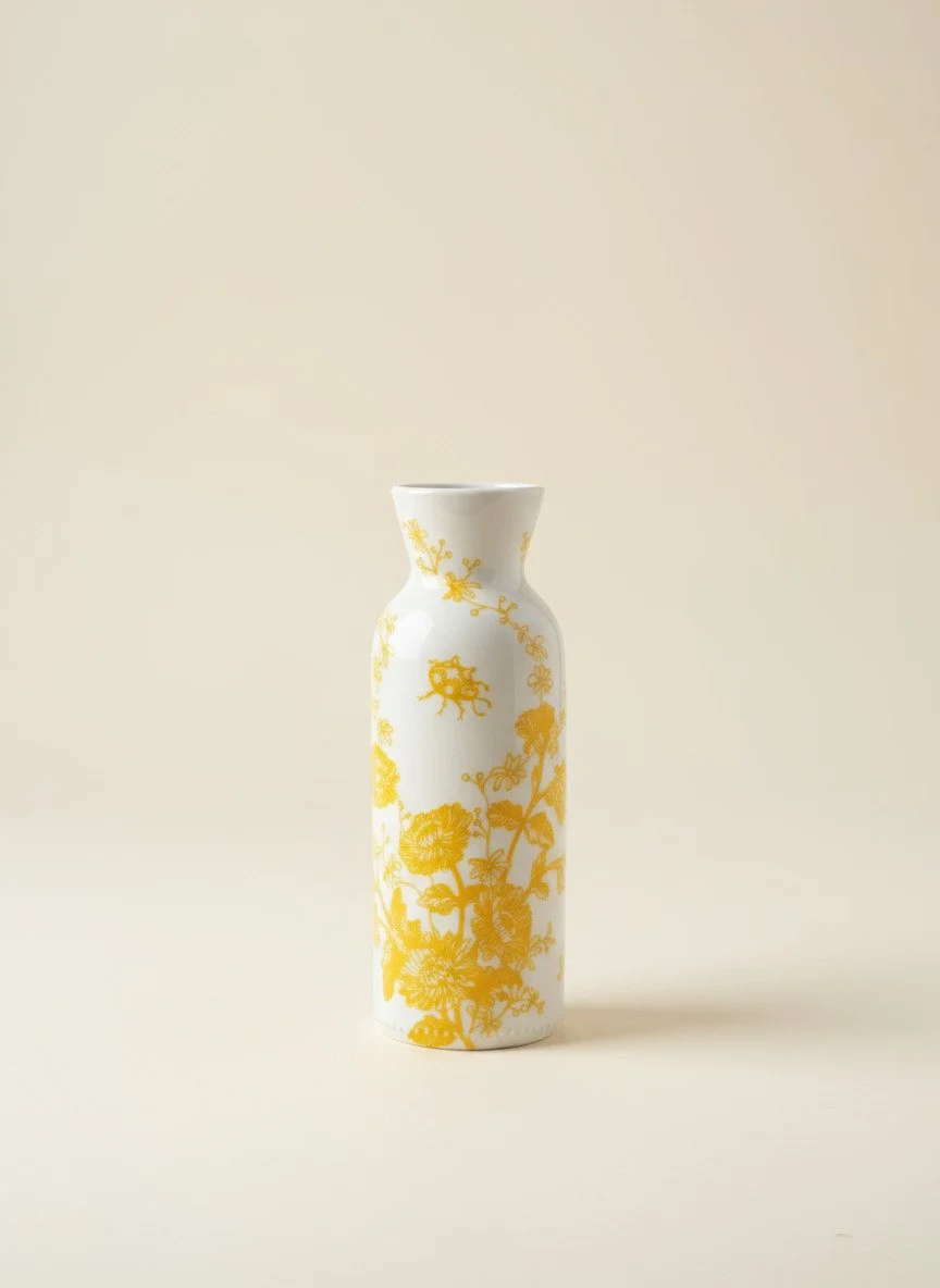 Narrow Neck Vase - Yellow on White