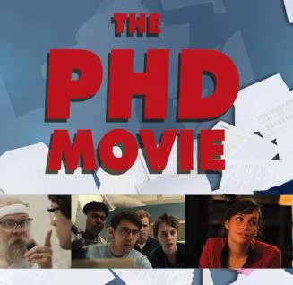 The PhD Movie poster with the title in bold red lettering and three images of researchers beneath