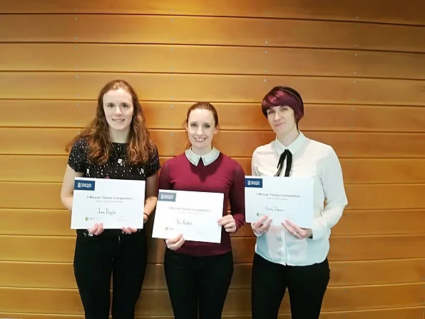 The winners from 3MT! Alex Riddell won, Kirsty Deacon took Runner Up, and Jane Bugler got People’s Choice (photo Cia Jackson and 3MT)