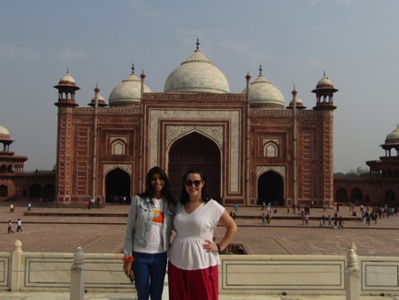 Lydia and friend in front of a mosque.