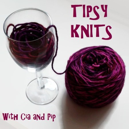 Tipsy Knits logo - a wine glass with a cake of yarn spilling out of it