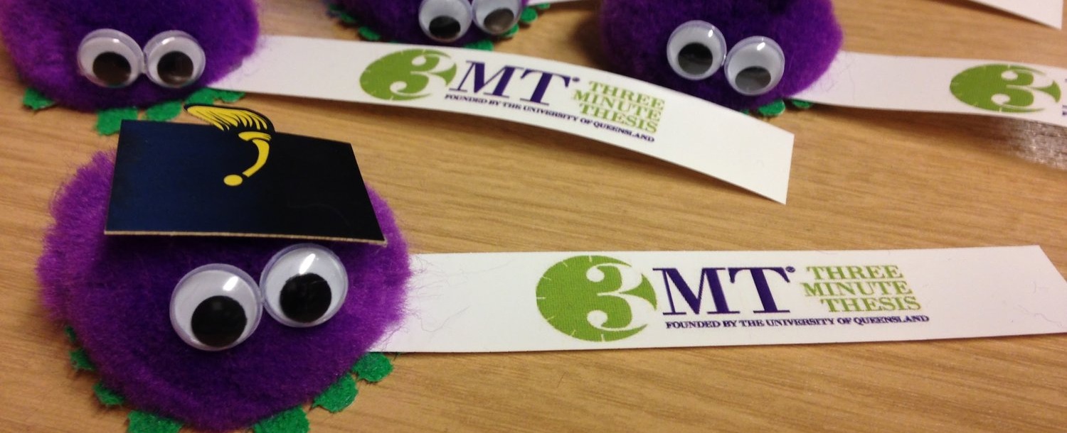 Three Minute Thesis fuzzy purple bugs with mortar board hats