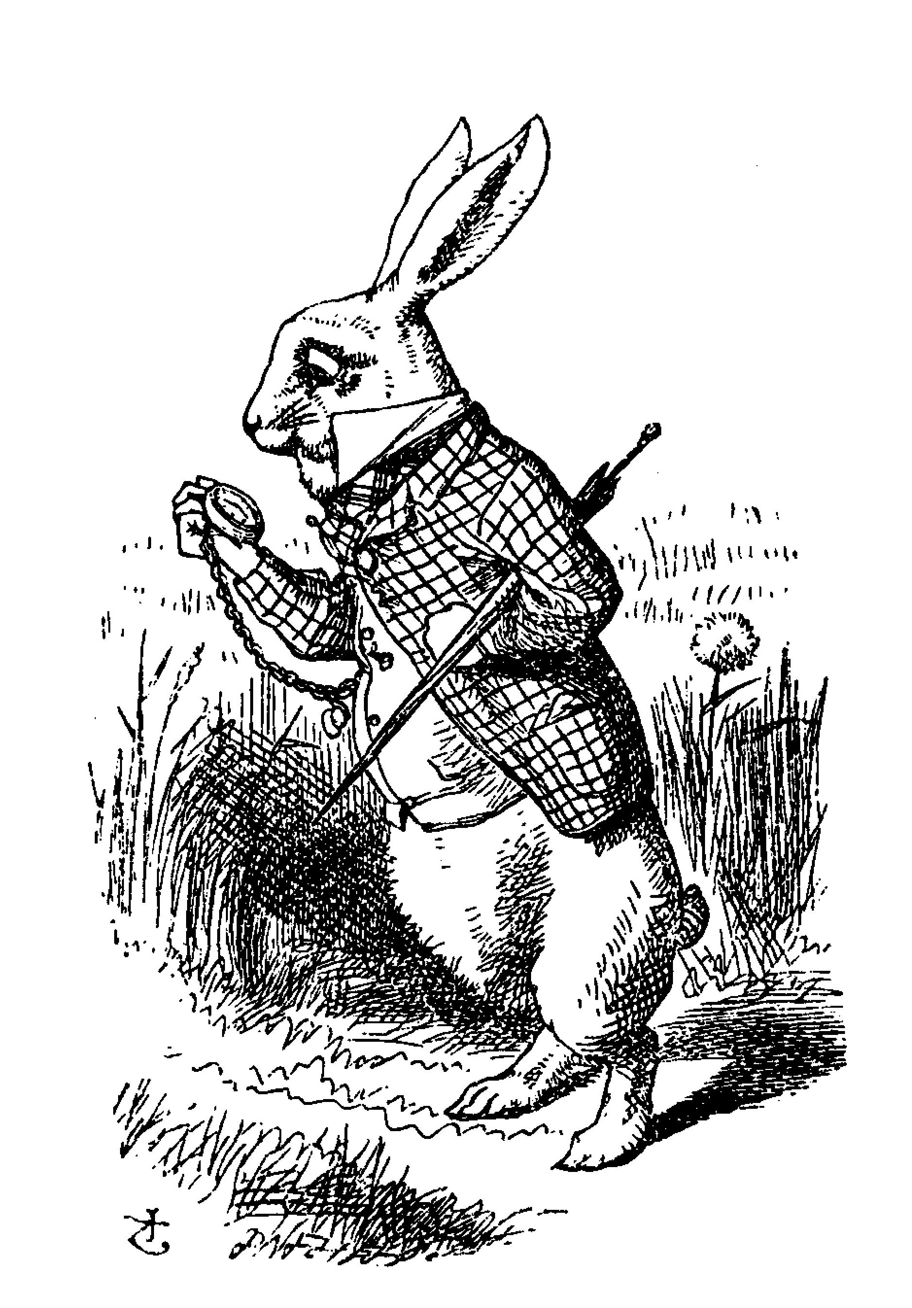 Illustration by John Tenniel. A rabbit stands on two legs, wearing a waistcoat with an umbrella underneath his arm. The rabbit is checking his pocked watch with his other arm.