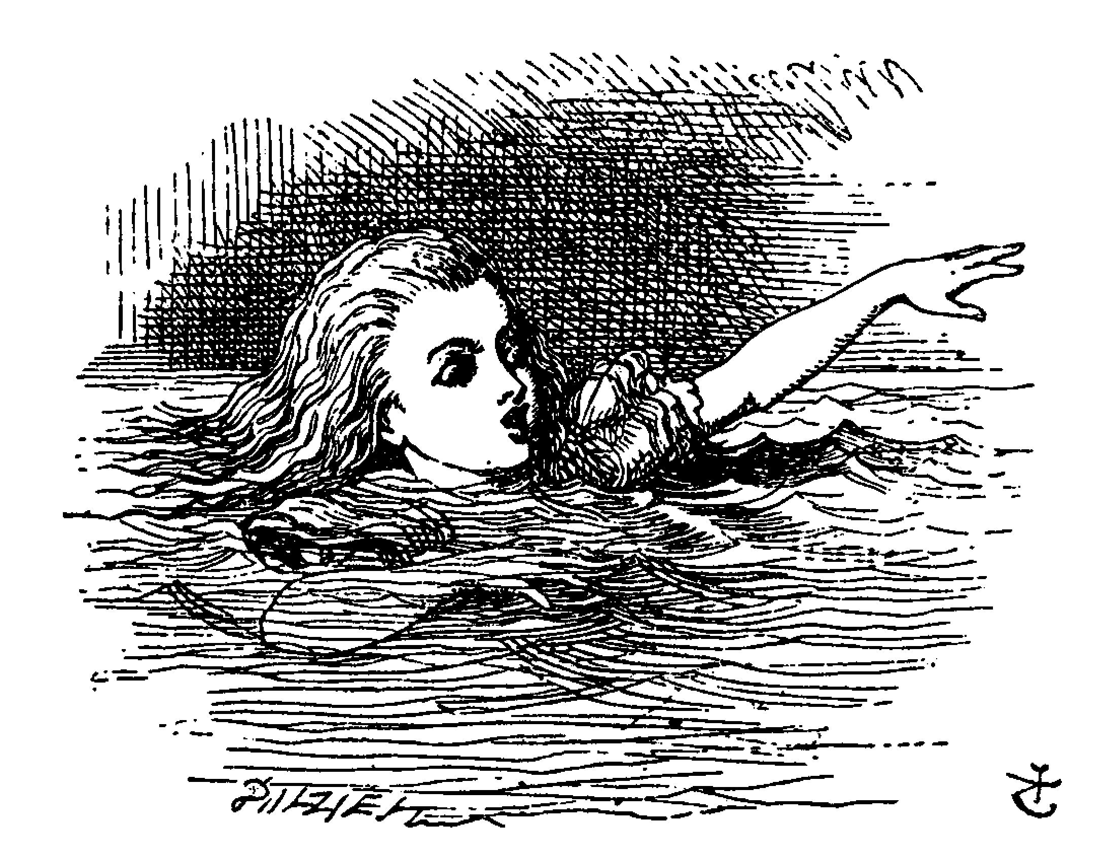 Illustration by John Tenniel from Alice’s Adventures in Wonderland. Alice is pictured drowning in a pool of tears with one arm stretched high.
