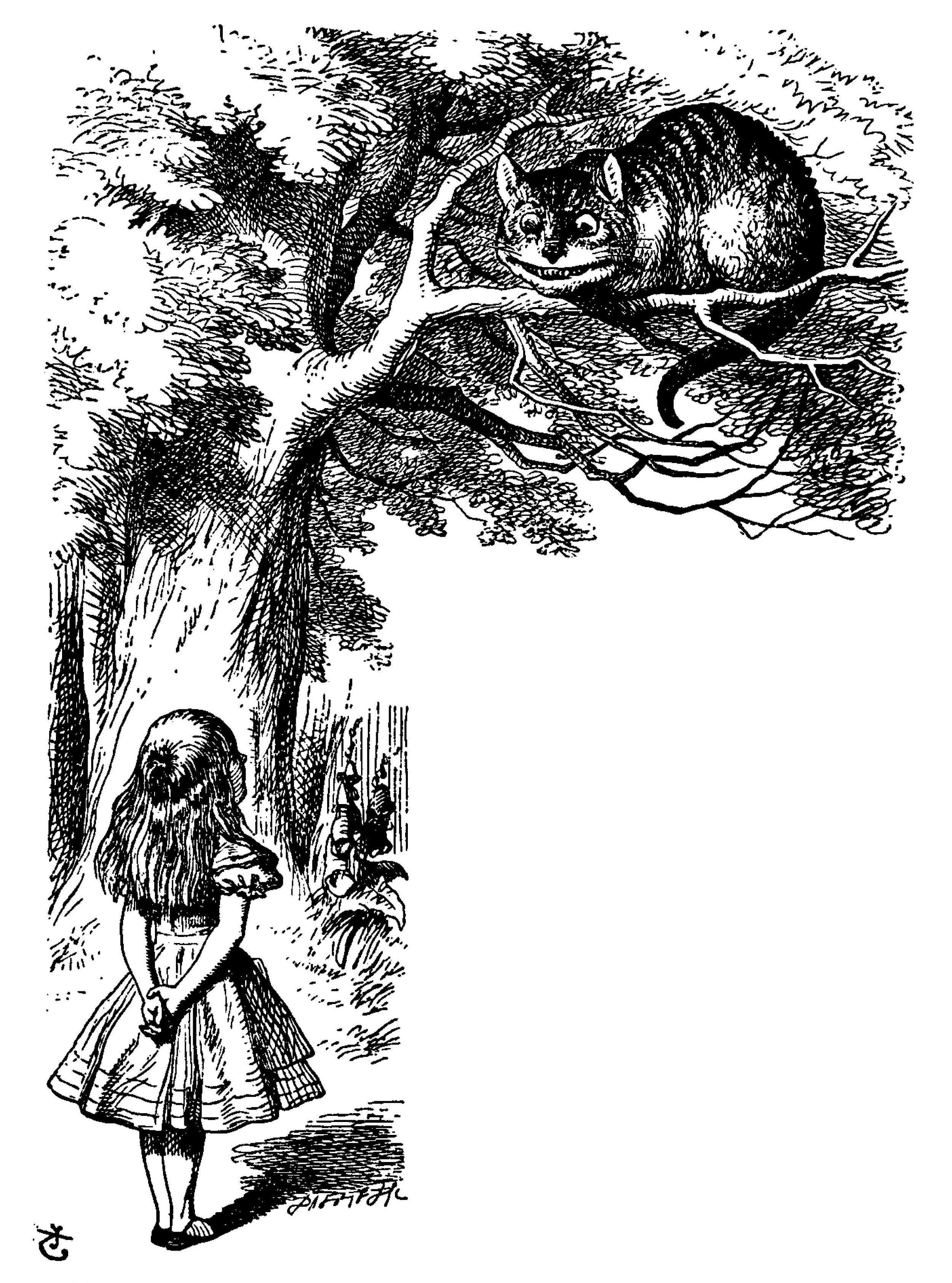 Illustration by John Tenniel from Alice’s Adventures in Wonderland. Alice is pictures with her back towards the reader, looking up at the Cheshire cat who is perched high in a tree top, grinning.