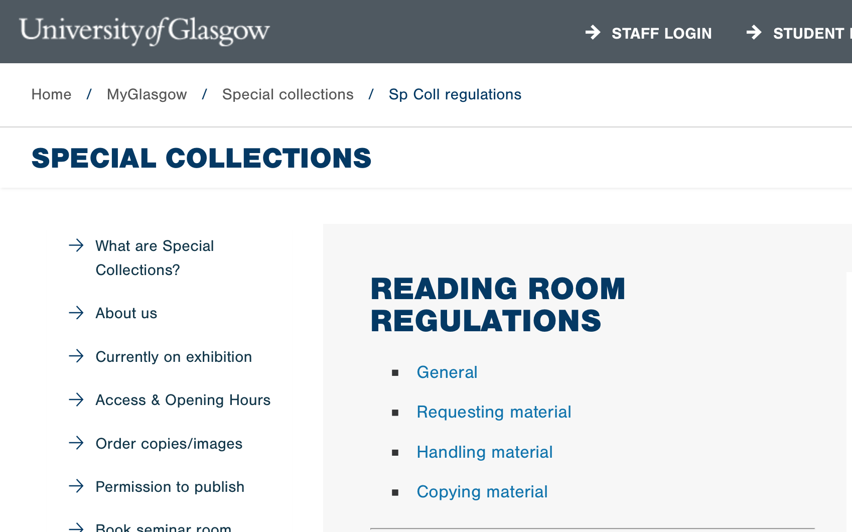 [Image Description: A screenshot of the University of Glasgow Special Collections’ Rules and Regulations web page.]