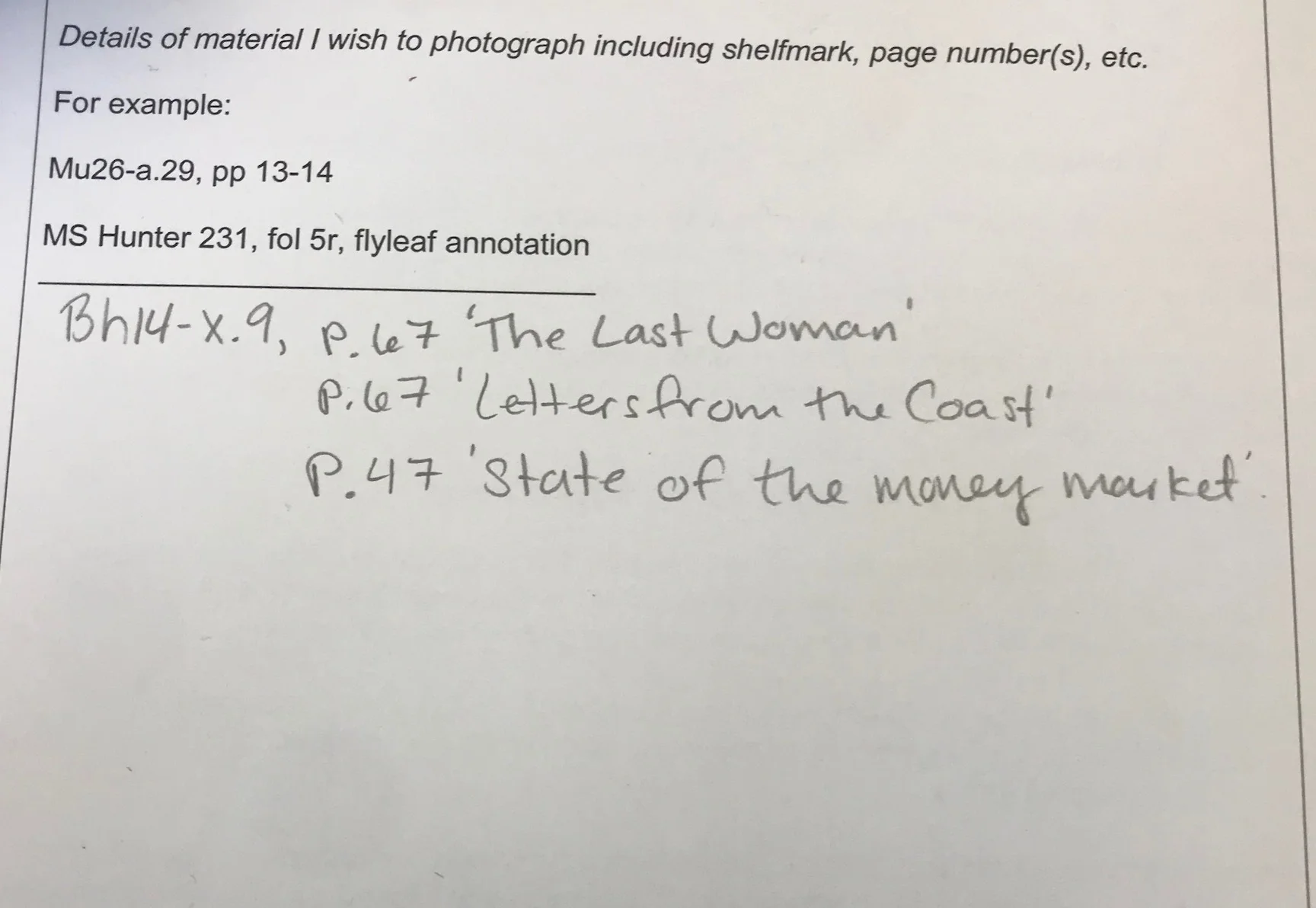 [Image Description: An example of keeping track of sources used during archives and special collections research visits (Call number, page number and description).]