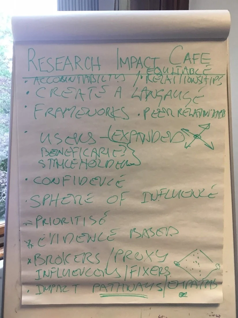 One of the poster sheets containing the participants’ ideas, including ‘frameworks’ and ‘peer relationships’.