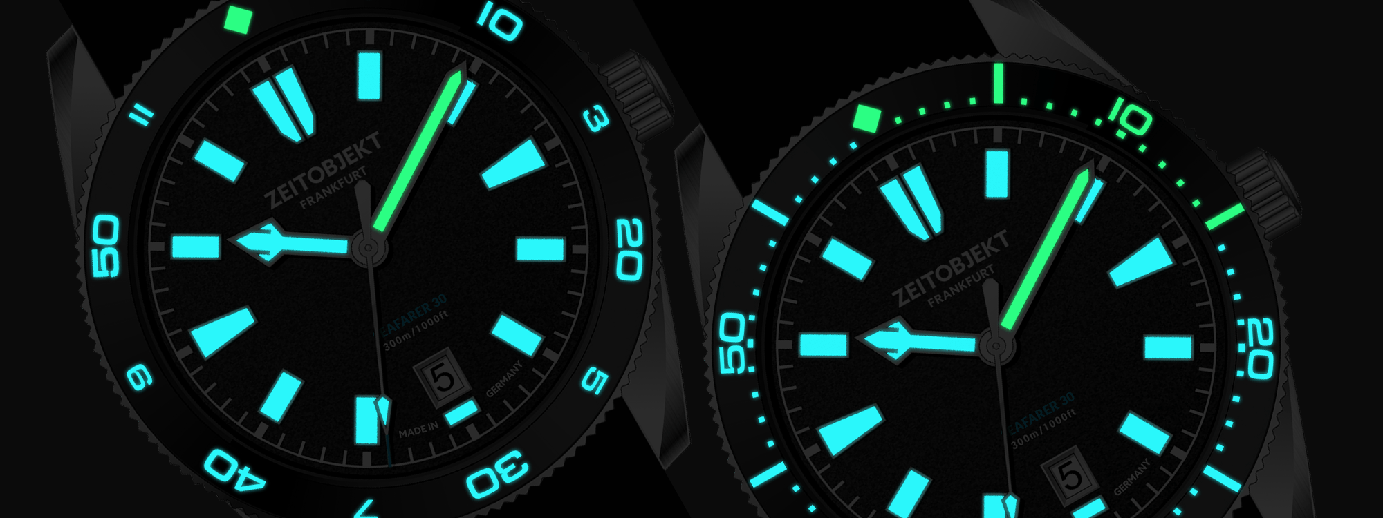 Hybrid (left), Pure Diver (right). Bi-color SuperLuminova ® BGW9 (blue) and C1 (green) for superior readability in the dark.
